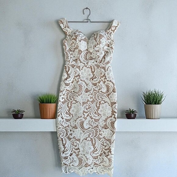 SISTARESS White Lace Nude Lined MIDI Weddjng Cocktail Dress Size Small - Picture 1 of 9